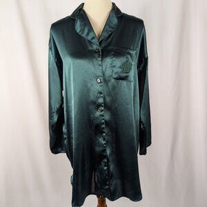 Victorias Secret Button Up Green Nightgown Sleep Shirt Liquid Satin VTG 90s Y2K